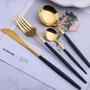 Imagem de Talheres Salada Jantar Cozinha Bar Buffet Jogo Faqueiro Kit 24 Peças Talher Dourado Rose Preto/Dourado Aço Inoxidável