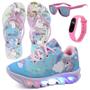 Imagem de Tenis Infantil De Led Unicornio Calce Facil Meninas LIGHT + Chinelo Oculos Relogio