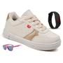 Imagem de Tenis Infantil Feminino Casual Sneaker - Leve e Macio - Original  - Off White/Dourado + Oculos + Relogio