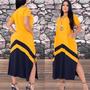 Imagem de Vestido Bicolor Feminino Com Fenda Maxi Saruel Alça Com Bolso Moda Feminina Verão Outono Inverno Veste do 38 ao 50