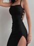 Imagem de Vestido Bodycon Preto Feminino - Sem Mangas, Decote Halter, Fenda Alta