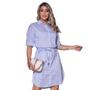 Imagem de Vestido Chemise Feminino Risca de Giz Midi Manga Curta Botões Frente Social Tecido Casual VL0611