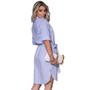 Imagem de Vestido Chemise Feminino Risca de Giz Midi Manga Curta Botões Frente Social Tecido Casual VL0611