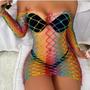 Imagem de Vestido Curto Arrastão Multicolorido Tule sem alça sexy Longa Carnaval bodycon lingerie
