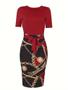 Imagem de Vestido Feminino Colorblock Com Estampa De Corrente Envolvente Manga Curta Gola Redonda Slim Fit