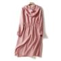Imagem de Vestido Feminino Com Capuz, Amarração, Cintura Elástica, Linha A, Manga Longa, Comprimento Midi,