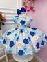 Imagem de Vestido Infantil Azul Florido Rosas C/ Cinto de Pérolas