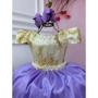 Imagem de Vestido Infantil Longo Lilás Lavanda Jasmine Princesa Sofia Ariel Saia Branco Off White e Dourado Dama Daminha Florista