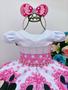 Imagem de Vestido infantil minnie rosa branco bolinhas pérolas c/ tiára luxo temático 