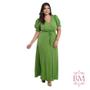 Imagem de Vestido Longo, Plus, Poliviscose  Plissada, Verde, Manga Bufante Elástico, Decote V, Cinto, Forro, Dona Charme BM1234V