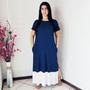 Imagem de Vestido Plus Size Longo Manga Viscolycra Malha com Bolso Bicolor Azul e Off White