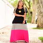 Imagem de Vestido Plus Size Longo Manga Viscolycra Malha com Bolso Tricolor Preto Cinza e Pink