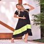 Imagem de Vestido Plus Size Mullet de Bico com Manga Mega Luxuoso Preto com Verde Lima