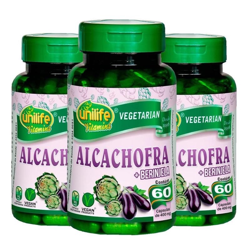 Alcachofra com Berinjela 60 cápsulas de 400mg Kit com 3 - Unilife ...
