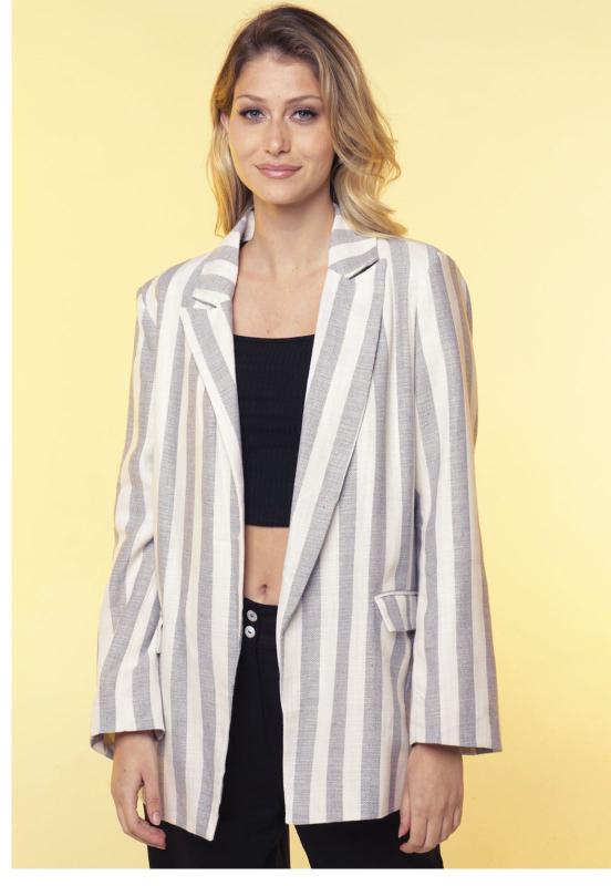 Blazer de Linho Feminino Listrado Longo Sob Cinza - Blazer Feminino ...