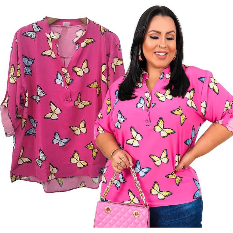 Blusa Feminina Elegante Social Camisa Plus Size Festa Borboletas Com ...