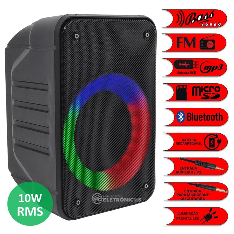 Caixa de Som Rádio FM 10W RMS Luz RGB Bluetooth Entrada Cartão SD ...