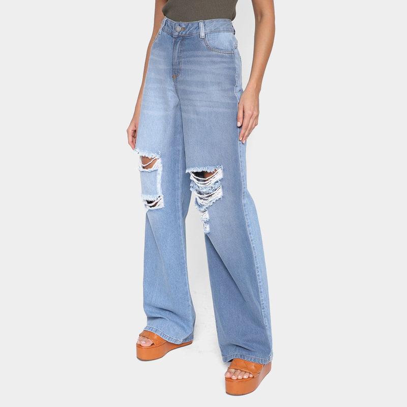 Calça Jeans Grifle Wide Leg Rasgada Feminina - Calça Jeans Feminina ...