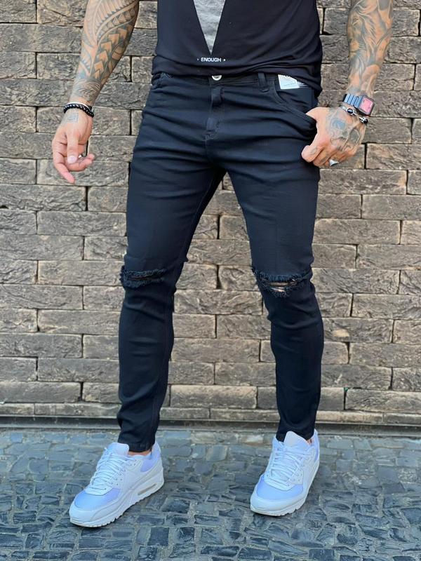 Calça Masculina Jeans Skinny Cintura Média Preto Rasgada Alta Qualidade ...