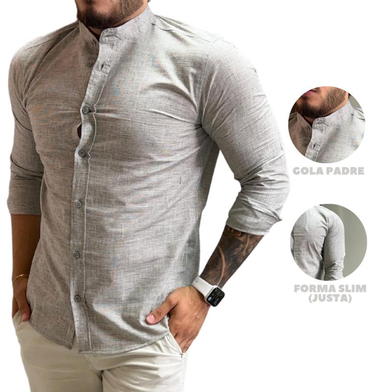 Camisa Social Gola Padre Manga Longa Slim Fit De Algodão - GN STORE ...