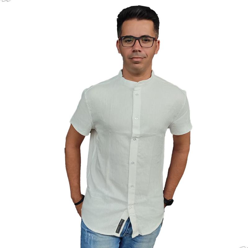 Camisa Social Gola Padre Masculina Slim Manga Curta Linho - Moda_Gaspar ...