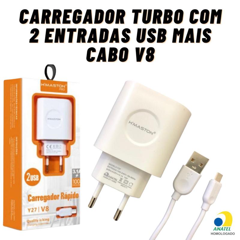 Carregador com Cabo Celular Antigo Turbo V8 2 Entradas Usb 3.1A ...