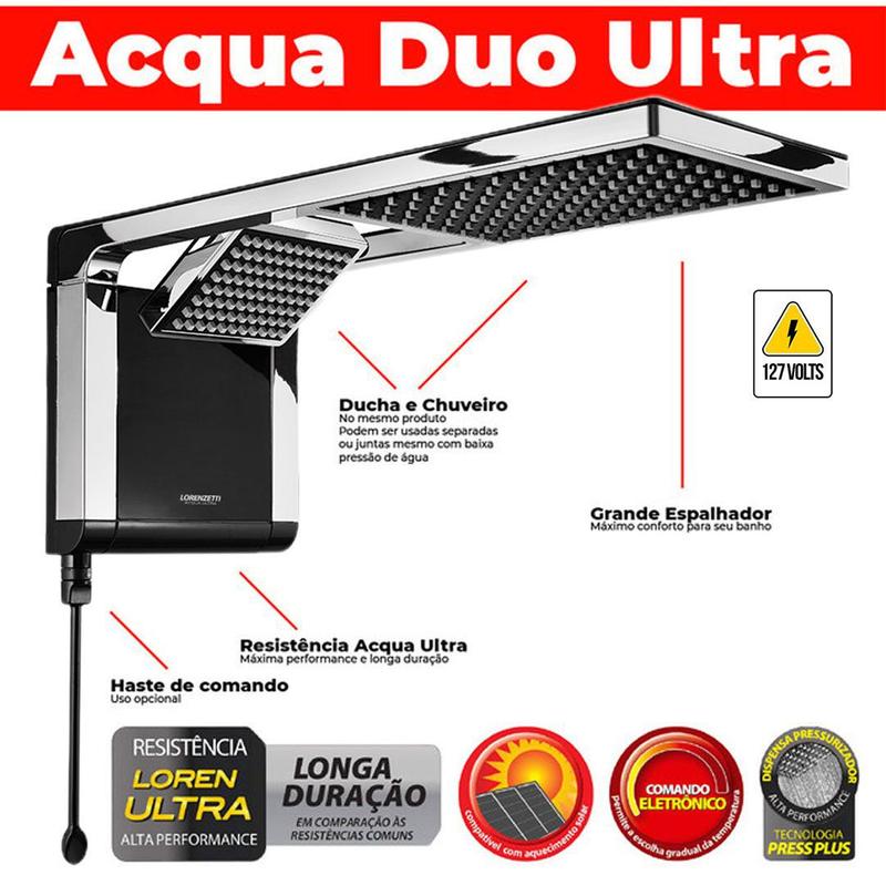 Chuveiro E Ducha Para Aquecedor a Gas Preto Com Cromado Acqua Duo Ultra ...