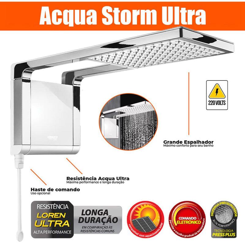 Chuveiro Ou Ducha Grande e Forte White Com Cromado Acqua Storm Ultra ...