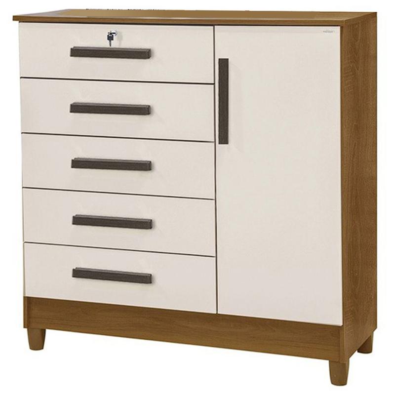Cômoda 5 Gavetas 1 Porta Vitória Rud Rack Cor Mel Off White - Estrela ...