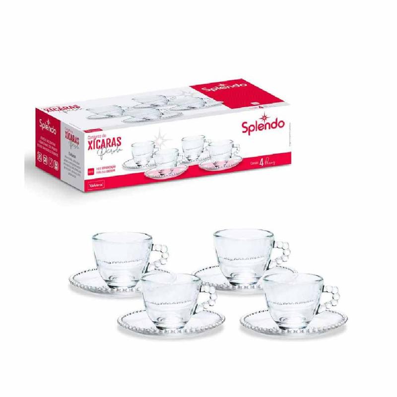 Splendo Conjunto 4 Xícaras Café com Pires de Vidro Transparente Pérola Splendo ...