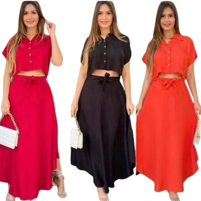 Conjunto Feminino de Saia Longa e Blusa Cropped Chemise Vermelho, Rosé ...