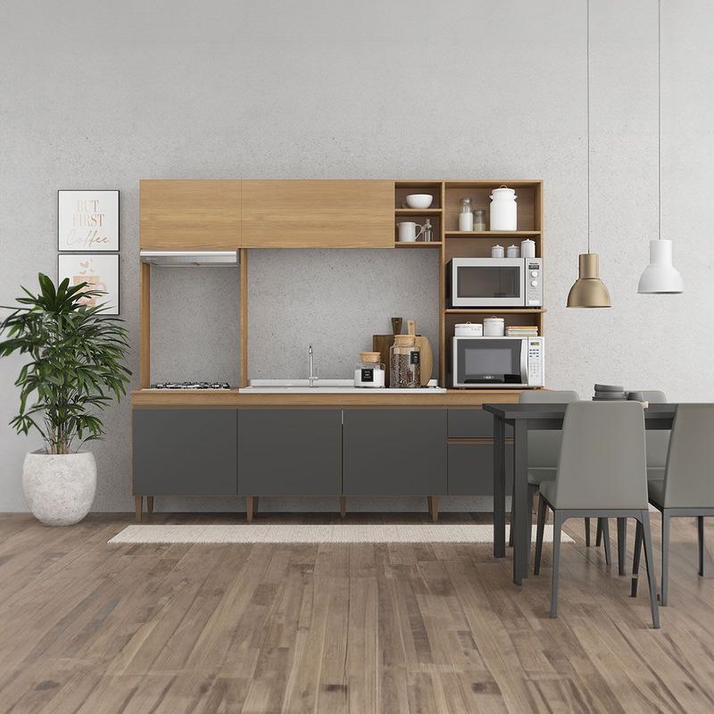 Cozinha Compacta com Balcão Pia Cooktop 245 Cm MDP Carvalho Cinza 0339 ...