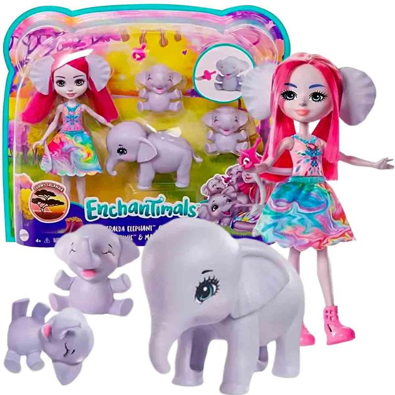 Enchantimals Boneca Esmeralda Elefante + 3 Elefantes Bebês Mattel ...