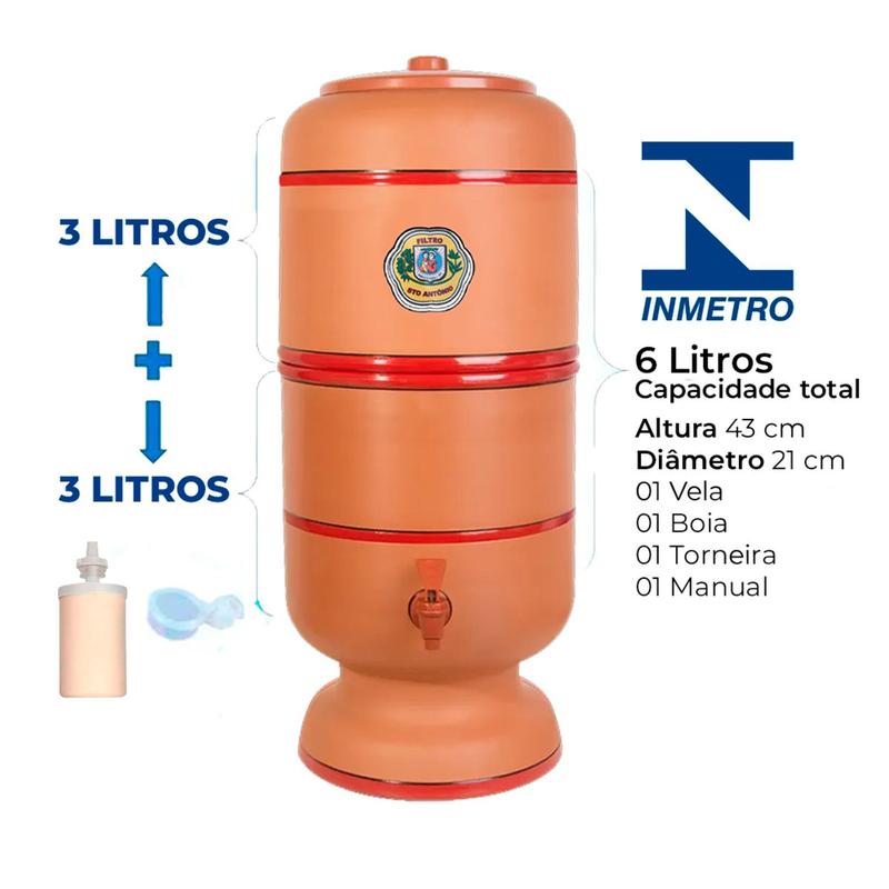 Filtro De Barro 6 (3+3 Litros) Litros Com Vela Boia E Torneira Incluso ...