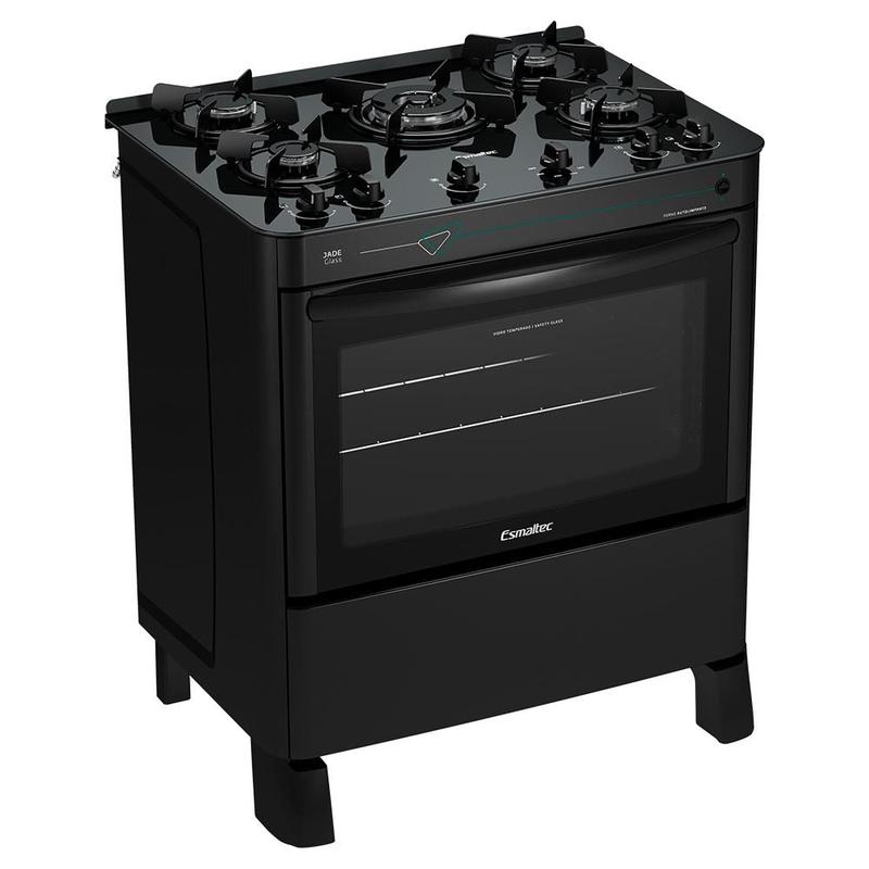 Fogão Esmaltec Jade Glass 5 Bocas Preto com Forno Autolimpante e ...