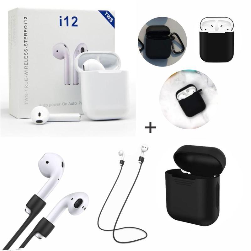 Fone Bluetooth i12 Branco + Case Silicone Preto c/ Cordão Anti Perda ...