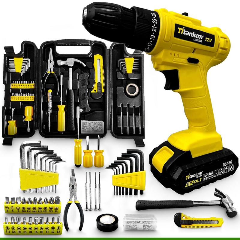 Furadeira Parafusadeira Sem Fio Impacto 12v C/ Jogo Kit Ferramentas 200 ...
