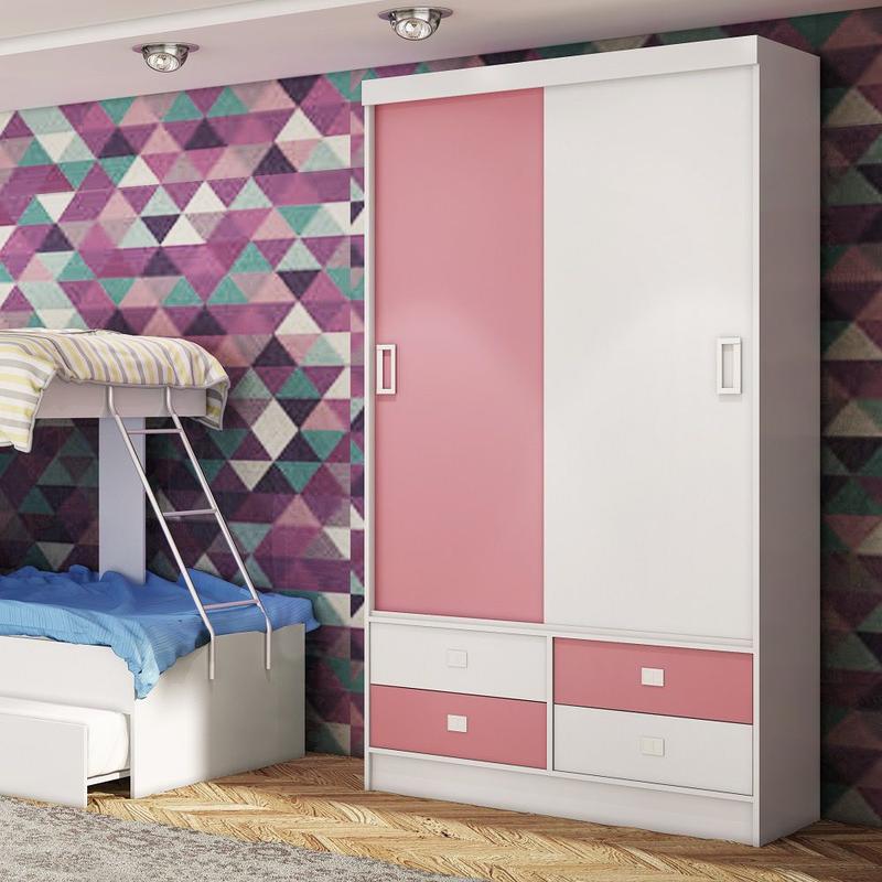 Guarda Roupa 2 Portas Branco E Rosa Com 4 Gavetas Roupeiro - Móveis ...