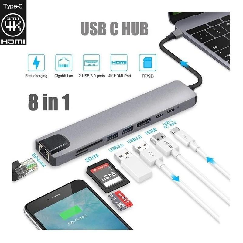 Hub Adaptador 8 Em 1 USB C Tipo C Type C Usb 3.0 Hdmi Rj45 Micro Sd Tf ...
