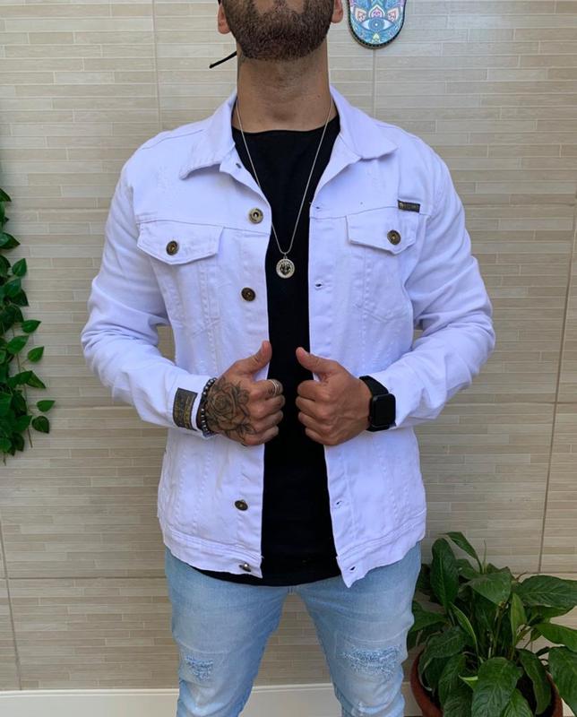 Jaqueta Jeans Masculina Branca com Bolsos Slim - AUST - Jaqueta ...