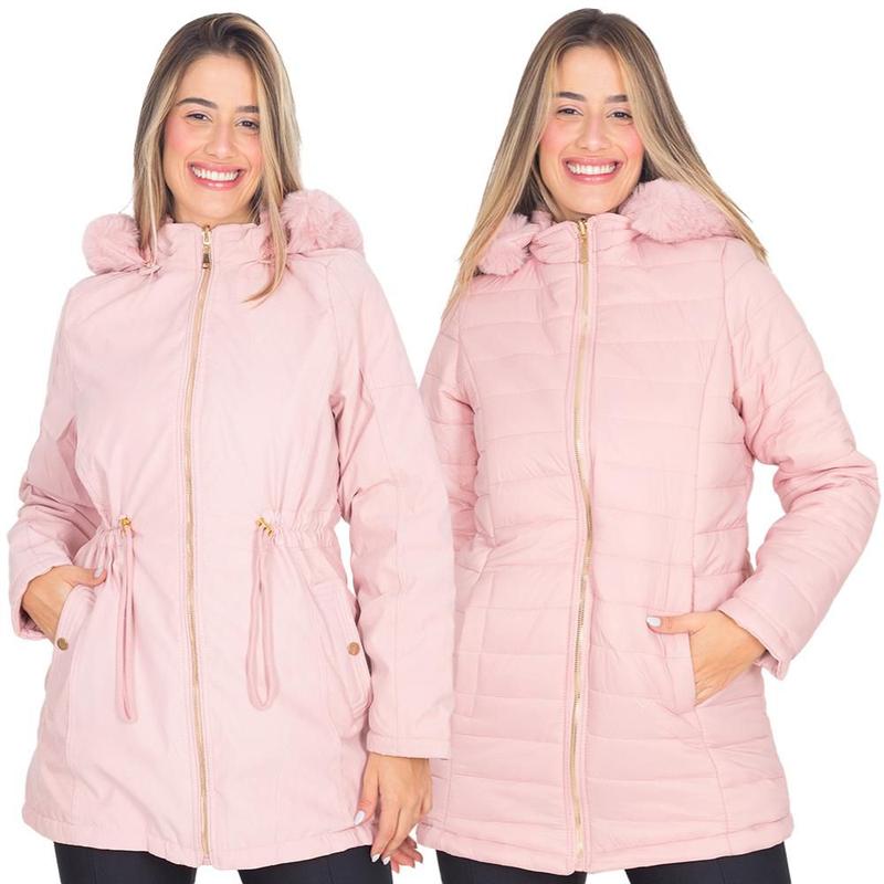 Jaqueta Parka Dupla Face Feminina Sarja Com Capuz Bolsos - Zafina ...