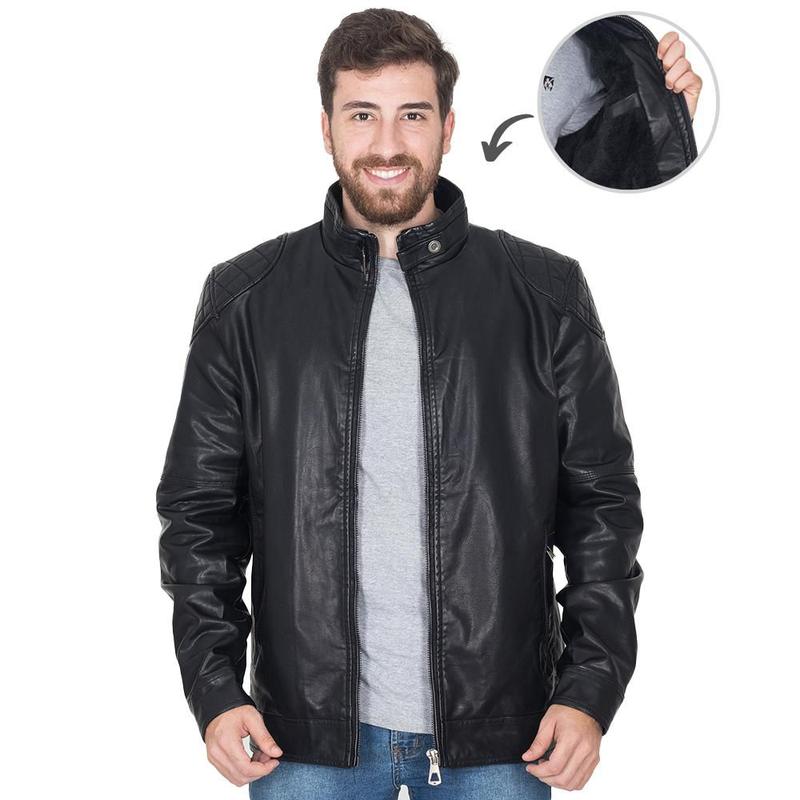 Jaqueta PU Poliuretano Peluciada Masculina Com Recorte Gola Alta ...