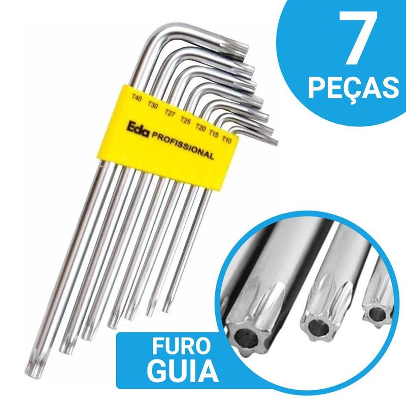 Jogo De Chave Torx Tipo L Longa 7 Peças Com Furo Guia T10 a T40 Aço ...