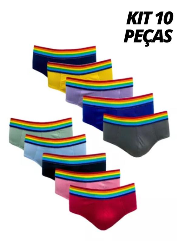 Kit 10 Cuecas Slip Tradicional Masculina Arco Íris Elástico Colorido ...