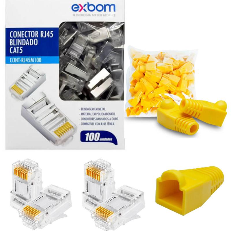 Kit 100 Capa Rj45 + 100 Conector Rj45 Blindado Cat5 Cabo De Rede ...