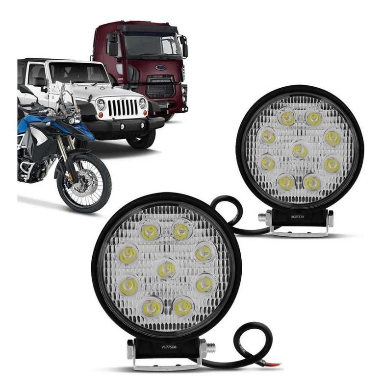 Kit 2 Faróis Led Universal Shocklight Redondo 27w 9 Leds 8000K - Kit de ...