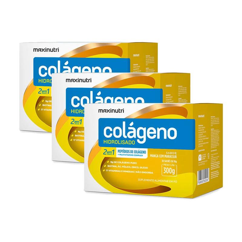 Kit 3 Colágeno em Pó Hidrolisado 30 Saches Manga Maracujá - Maxinutri ...