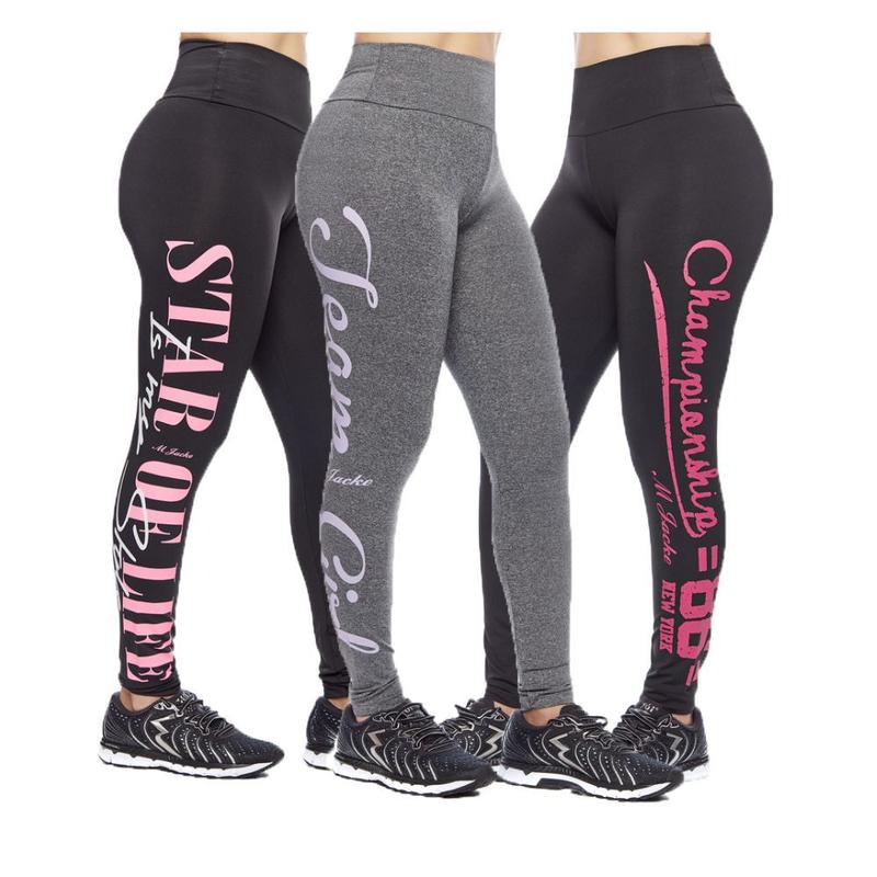 Kit 3 legging adulto feminina fitness academia cós alto escrita lateral ...