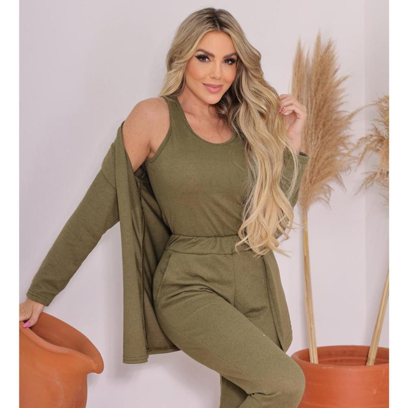 Kit 3 peças Conjunto Feminino Calça Camisa e Cardigan Malha Trico ...
