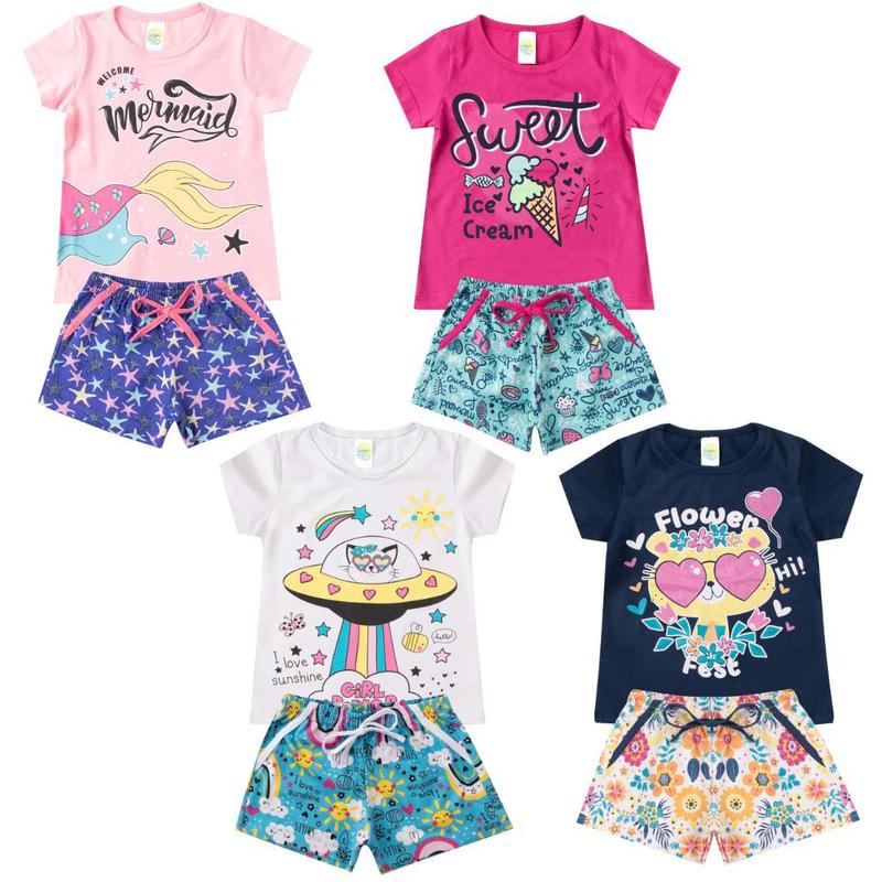 Kit 4 Conjuntos Verão Infantil Feminino Algodão Cores e Estampas ...